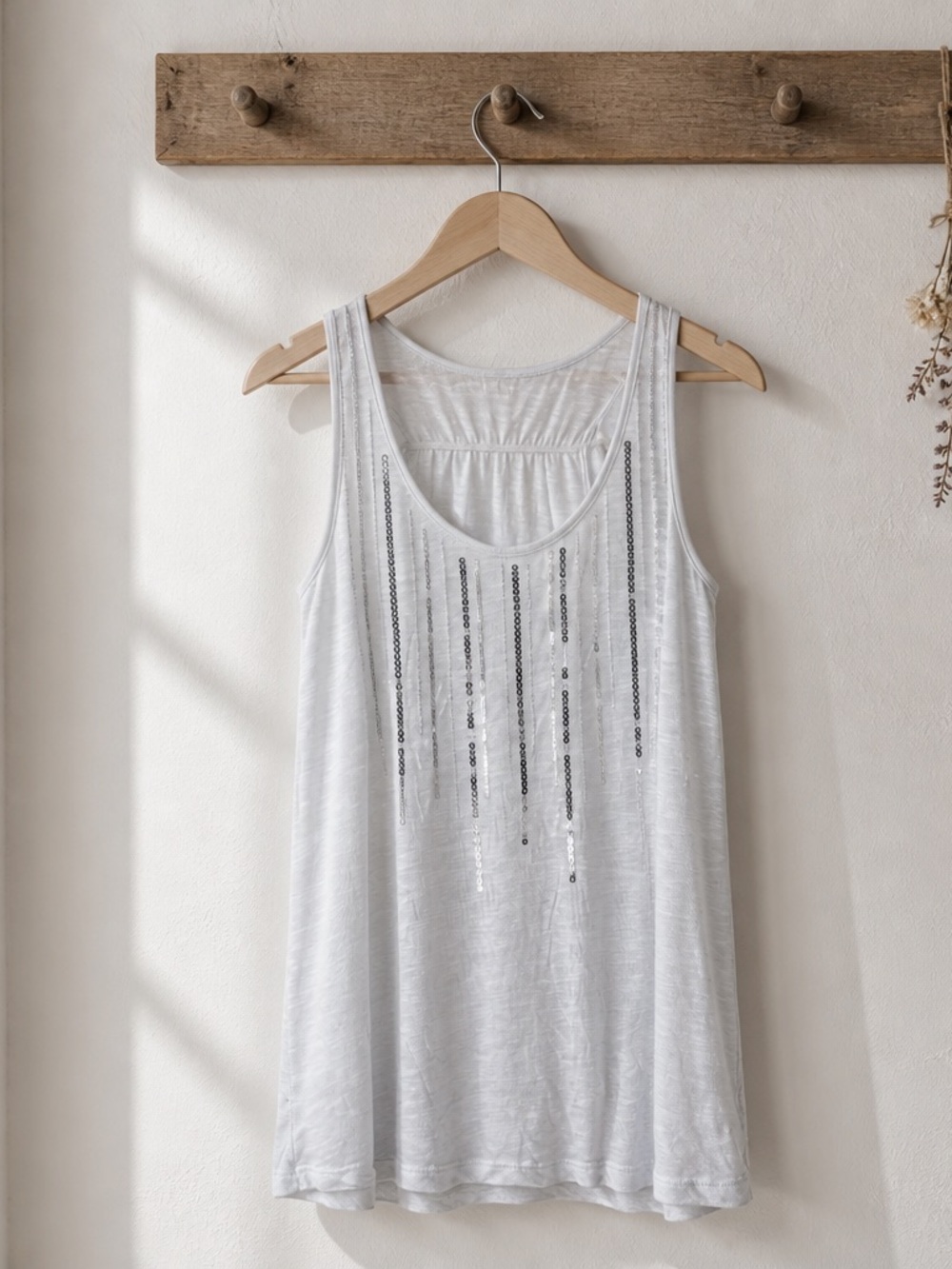 Vanity White Tank Top with Vertical Sequin Stripes